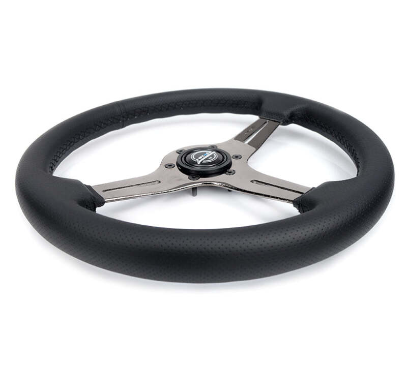 NRG Light Weight Gaming Steering Wheel - 350mm 3 Black Chrome Silver Spokes Perforated Leather