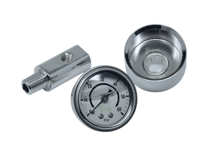 NAMZ HD Twin Cam/M8 NOS Chrome Oil Pressure Gauge Kt Wht Face/Liquid Filled/Billet Alum Cup/Chrome
