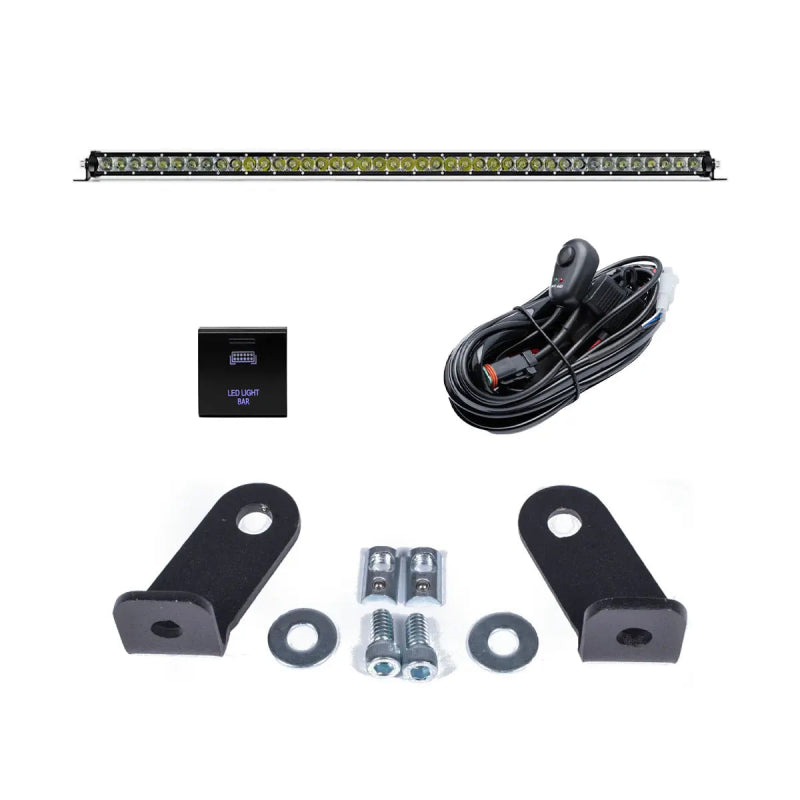 Cali Raised 40in Cutout Prinsu Roof Rack 42in Amber Led Light & Brckt Kit w/ Sq. Blue Backlit Swtch
