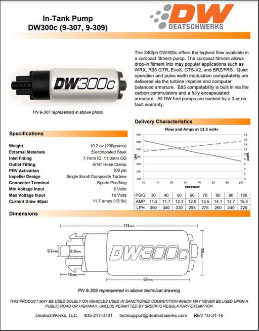 DeatschWerks 340lph DW300C Compact Fuel Pump with Universal Install Kit 9-309-1000