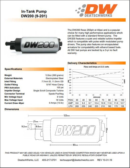 DeatschWerks 255lph in-tank fuel pump w/ install kit for Nissan 300ZX Non-Turbo 9-201-1023