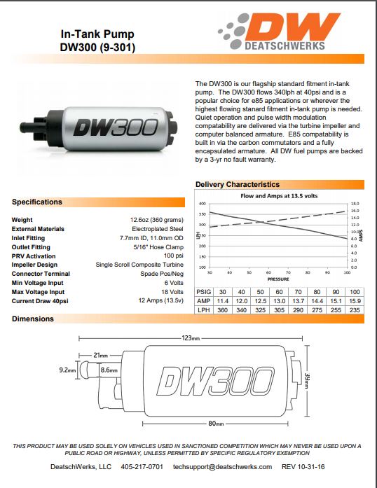DeatschWerks DW300 340lph In-Tank Fuel Pump w/ 9-0766 Install Kit 1989-94 Nissan 240SX Silvia S13 9-301-0766