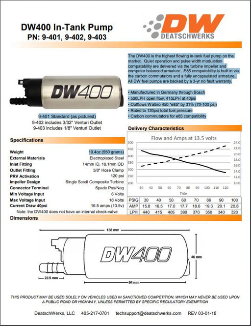 DeatschWerks 415LPH DW400 In-Tank Fuel Pump w/ 9-1043 Install Kit 93-98 Nissan Skyline R33